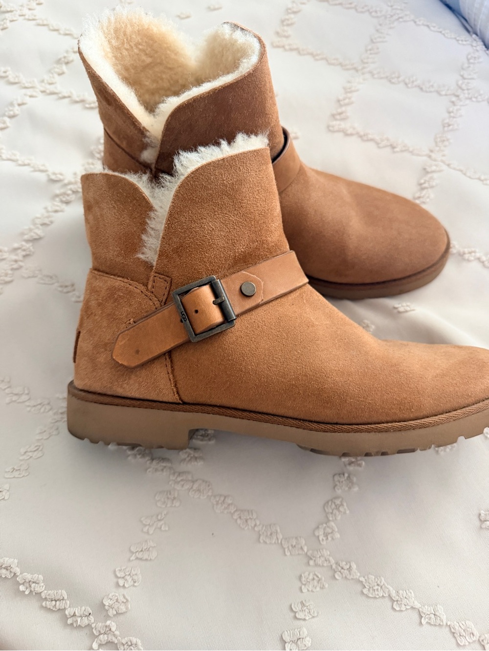 UGG Chestnut Suede Shearling Ankle Boots with Buckle